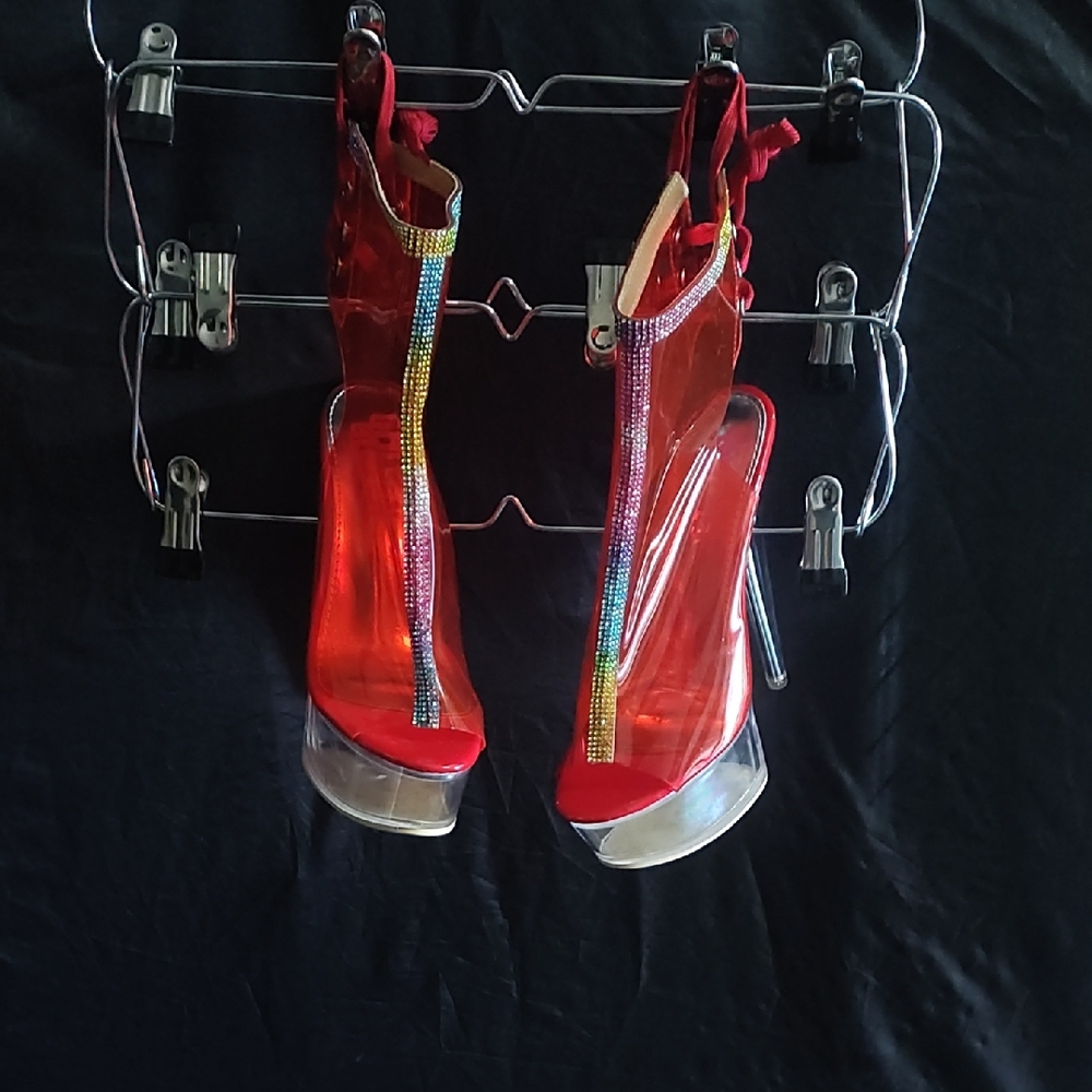 Red Clear Platform Stiletto Heels with Crystal T-Strip